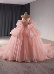 Pink Tulle Strapless Lace Beading Prom Dress