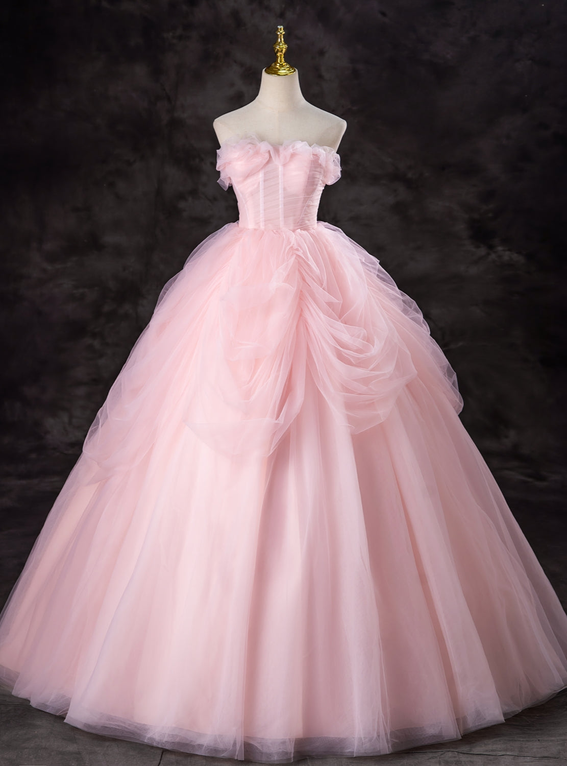 Pink Tulle Strapless Pleats Princess Quinceanera Dress