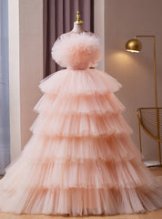 Pink Tulle Strapless Tiers Quinceanera Dresses