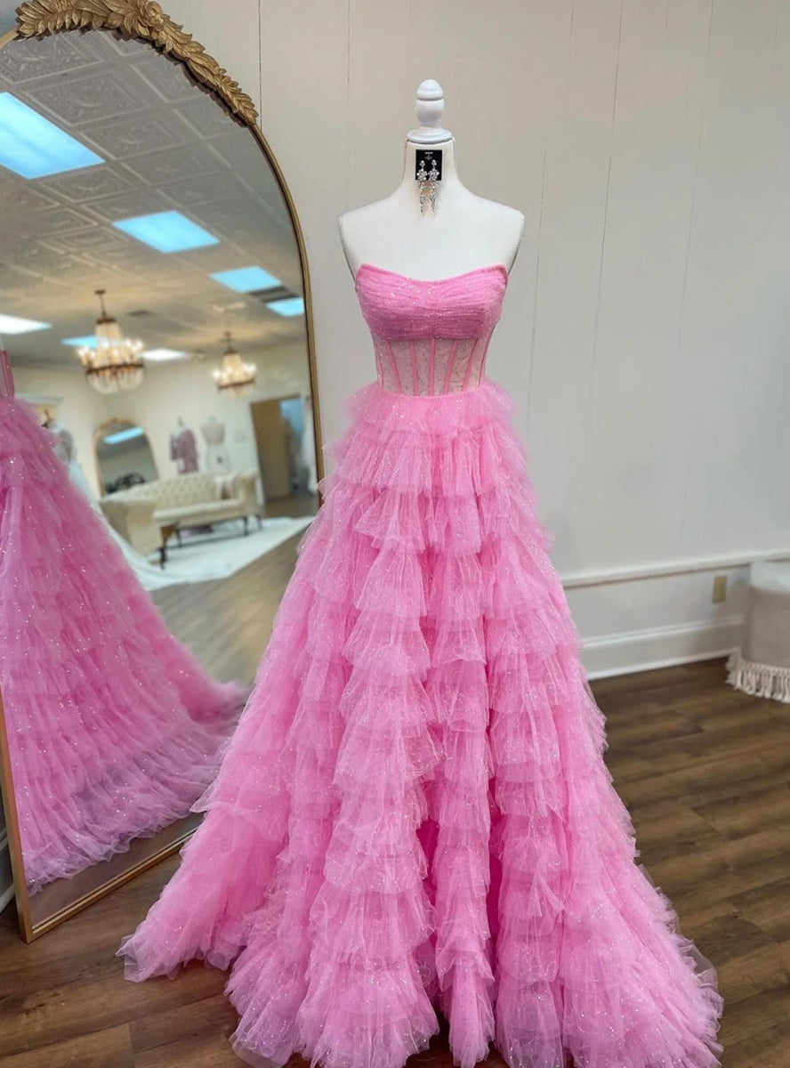 Pink Tulle Strapless Tiers Sequins Prom Dress