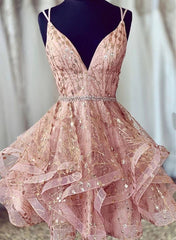 Pink Tulle Straps Lace-up Short Prom Dresses Homecoming Dresses, Pink Party Dresses