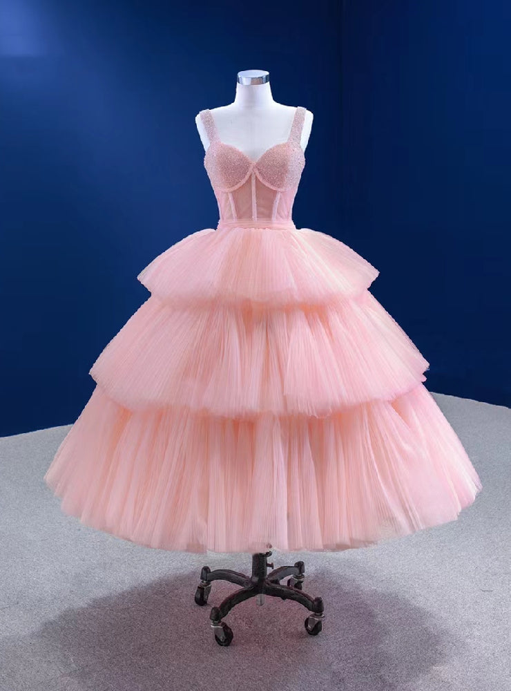 Pink Tulle Straps Tiers Beading Short Prom Dress