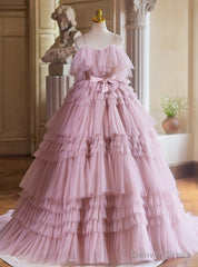 Pink Tulle Tiers Spaghetti Straps Quinceanera Dress