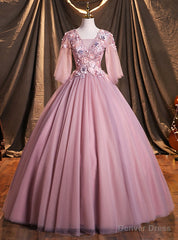 Pink Tulle V-neck Appliques Short Sleeve Quinceanera Dresses