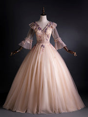 Pink Tulle V-neck Long Sleeve Embroidery Appliques Quinceanera Dresses