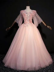 Pink Tulle V-neck Short Sleeve Feather Appliques Quinceanera Dresses