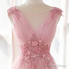 Pink Tulle V-neckline with Lace Long Party Dress, Pink Tulle Prom Dress