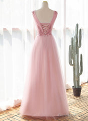 Pink Tulle V-neckline with Lace Long Party Dress, Pink Tulle Prom Dress