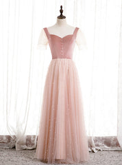 Pink Tulle Velvet Short Sleeve Square Pearls Prom Dresses