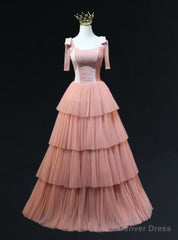 Pink Tulle Velvet Tiers Straps Prom Dress