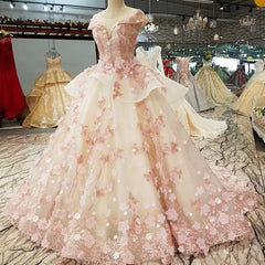 Pink Tulle with Flowers and Beaded Long Party Dresses, Pink Sweet 16 Gown