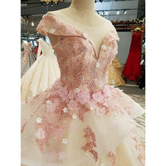 Pink Tulle with Flowers and Beaded Long Party Dresses, Pink Sweet 16 Gown