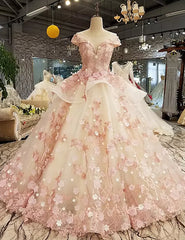 Pink Tulle with Flowers and Beaded Long Party Dresses, Pink Sweet 16 Gown