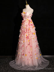 Pink Tulle with Flowers Sweetheart Straps Long Evening Dress, Pink Tulle Prom Dress