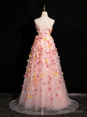 Pink Tulle with Flowers Sweetheart Straps Long Evening Dress, Pink Tulle Prom Dress