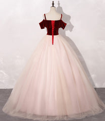 Pink Tulle with Velvet Top Long Party Dresses Prom Dres, Ball Gown Sweet 16 Dresses