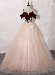 Pink Tulle with Velvet Top Long Party Dresses Prom Dres, Ball Gown Sweet 16 Dresses