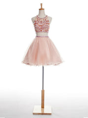 Pink Two Piece Halter Backless Tulle With Crystal Homecoming Dresses