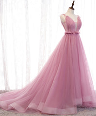 Pink V Neck Long Prom Dresses, Aline Pink Formal Evening Dresses