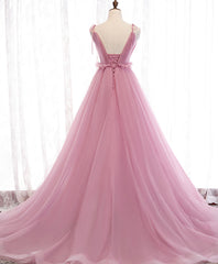 Pink V Neck Long Prom Dresses, Aline Pink Formal Evening Dresses