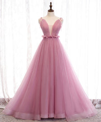 Pink V Neck Long Prom Dresses, Aline Pink Formal Evening Dresses