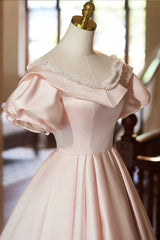 Pink V-Neck Satin A-Line Prom Dresses, Beautiful Short Sleeve Evening Party Dresses