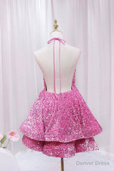 Pink V-Neck Sequins Short Prom Dress, Pink A-Line Backless Party Dress