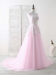 Pink V Neck Tulle Lace Applique Long Prom Dresses Pink Evening Dresses