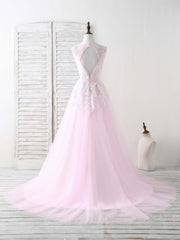 Pink V Neck Tulle Lace Applique Long Prom Dresses Pink Evening Dresses