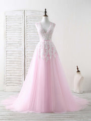 Pink V Neck Tulle Lace Applique Long Prom Dresses Pink Evening Dresses