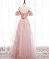 Pink v neck tulle lace long prom dress pink bridesmaid dress