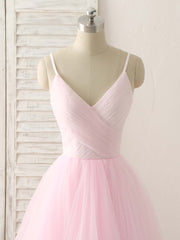 Pink V Neck Tulle Long Prom Dresses Simple Pink Tulle Evening Dresses