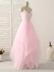 Pink V Neck Tulle Long Prom Dresses Simple Pink Tulle Evening Dresses