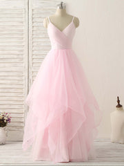 Pink V Neck Tulle Long Prom Dresses Simple Pink Tulle Evening Dresses