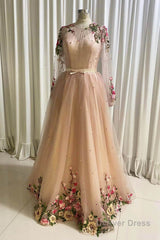 A Line Tulle Long Prom Dress with Flowers, Pink Long Sleeves Party Dress with Beading