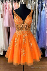 Plunging Neck Orange Appliques Short Party Dress