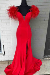 Plunging V-Neck Off the Shoulder Feathered Red Long Party Dresses