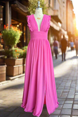 Plunging V-neck Ruffles Pleated Fuchsia Bridesmaid Dress With Silt