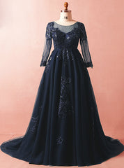 Plus Size Blue Tulle Appliques Long Sleeve Floor Length Prom Dress