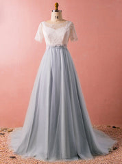 Plus Size Gray Tulle Lace Two Piece Short Sleeve Prom Dresses