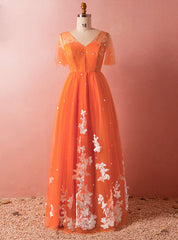 Plus Size Orange V-neck Tulle Short Sleeve Backless Prom Dresses