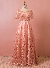 Plus Size Pink Tulle Sequins Short Sleeve Backless Prom Dresses