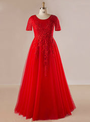 Plus Size Red Tulle Appliques Beading Short Sleeve Prom Dresses