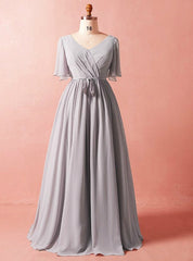 Plus Size Simple Gray Chiffon Short Sleeve Prom Dresses