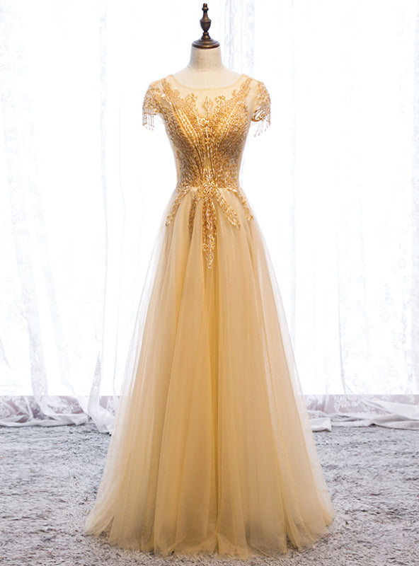 Popular Gold Tulle Cap Sleeve Scoop Beading Prom Dress