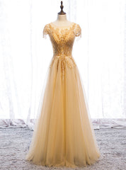 Popular Gold Tulle Cap Sleeve Scoop Beading Prom Dresses