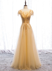 Popular Gold Tulle Cap Sleeve Scoop Beading Prom Dress