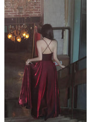 Pretty A Line Spaghetti Straps Burgundy Satin Prom Dresses Evening Gowns Birthday Dresses