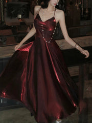 Pretty A Line Spaghetti Straps Burgundy Satin Prom Dresses Evening Gowns Birthday Dresses