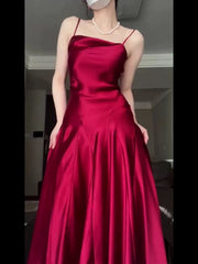 Pretty A Line Spaghetti Straps Red Satin Long Floor Length Prom Dresses